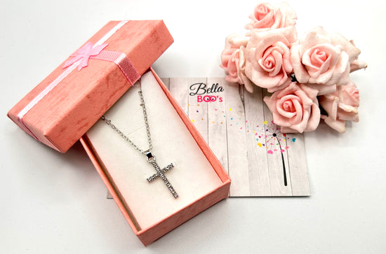 Silver Sparkly Cross Necklace & Gift Box