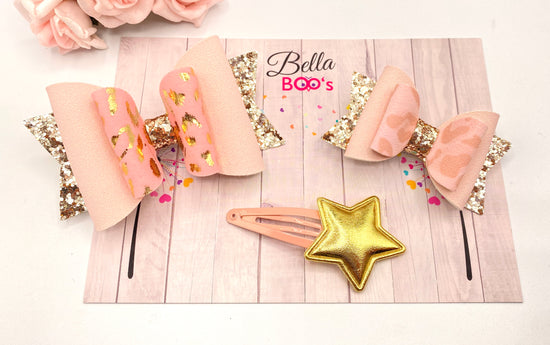 Baby Pink & Gold Leopard Hair Bow & Clip Set