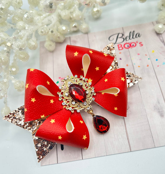 Load image into Gallery viewer, Red &amp;amp; Gold Droplet Gem Hair Bow
