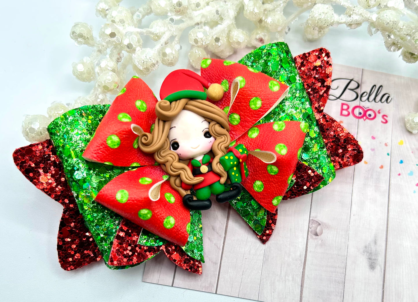 Christmas Elf Girl Hair Bow - Handcrafted Clay