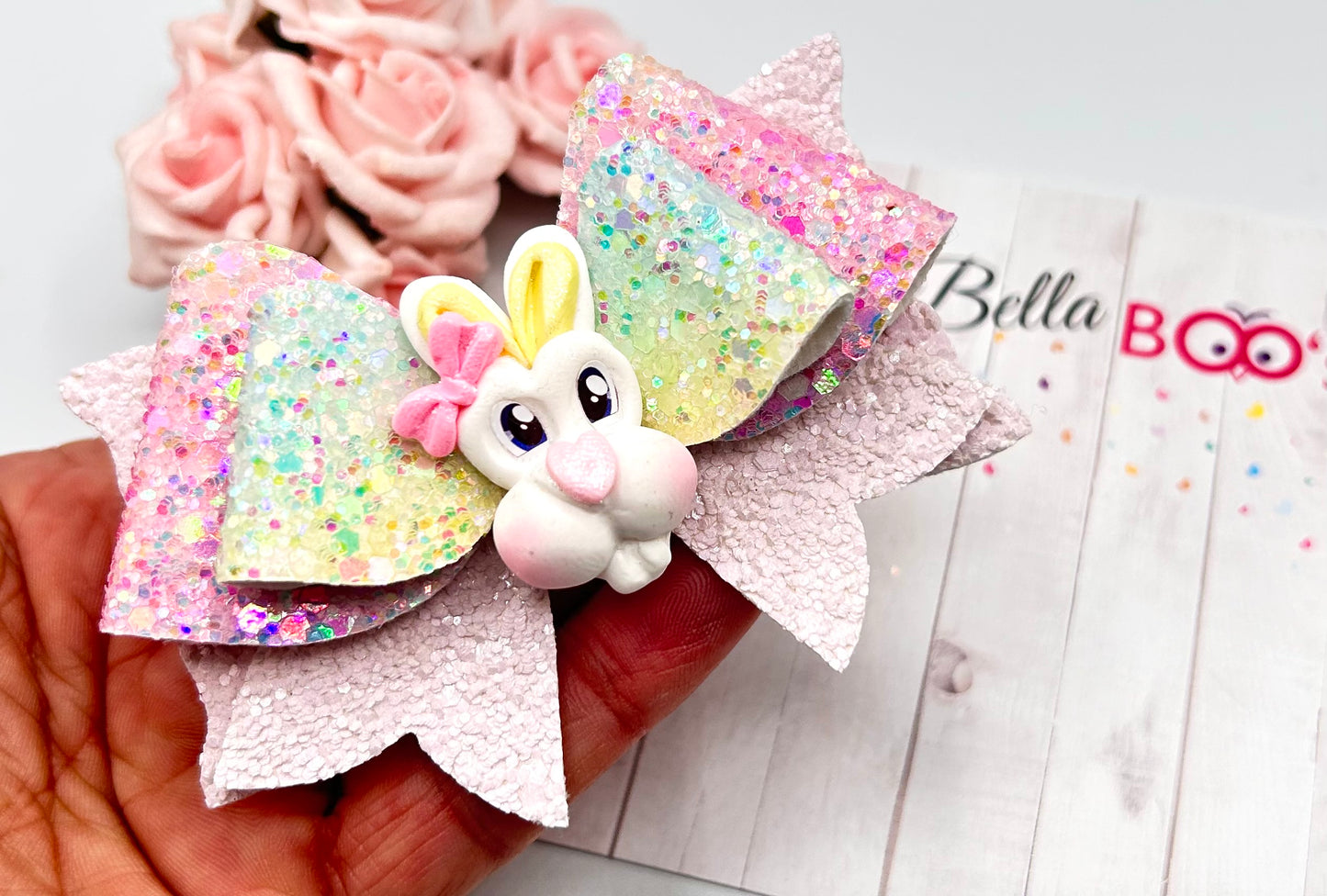 Easter Bunny Sparkle Hair Bow - Handcrafted Clay