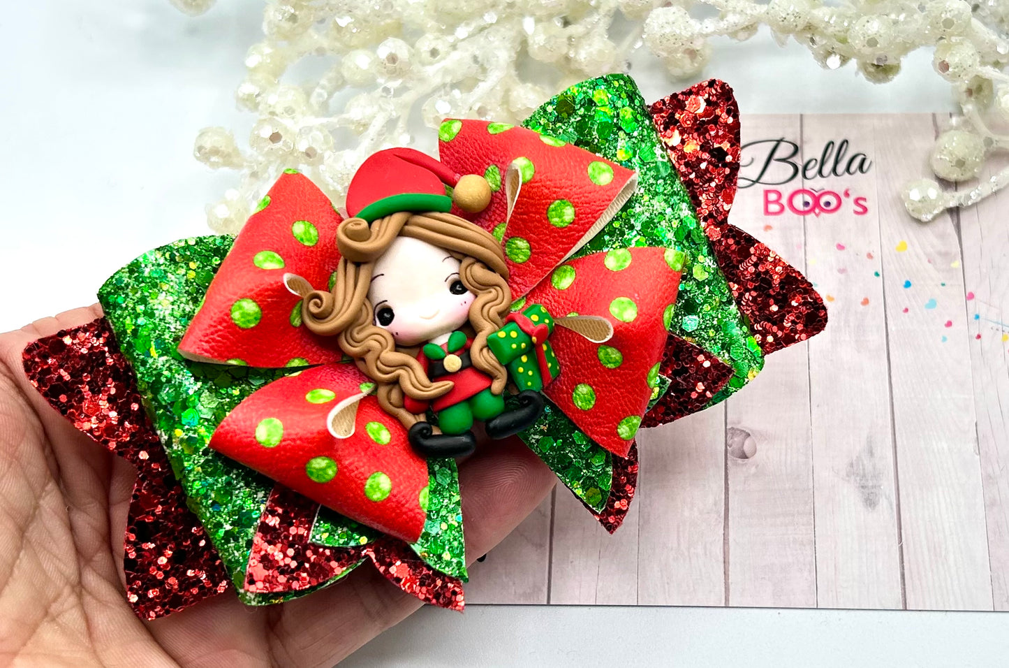 Christmas Elf Girl Hair Bow - Handcrafted Clay