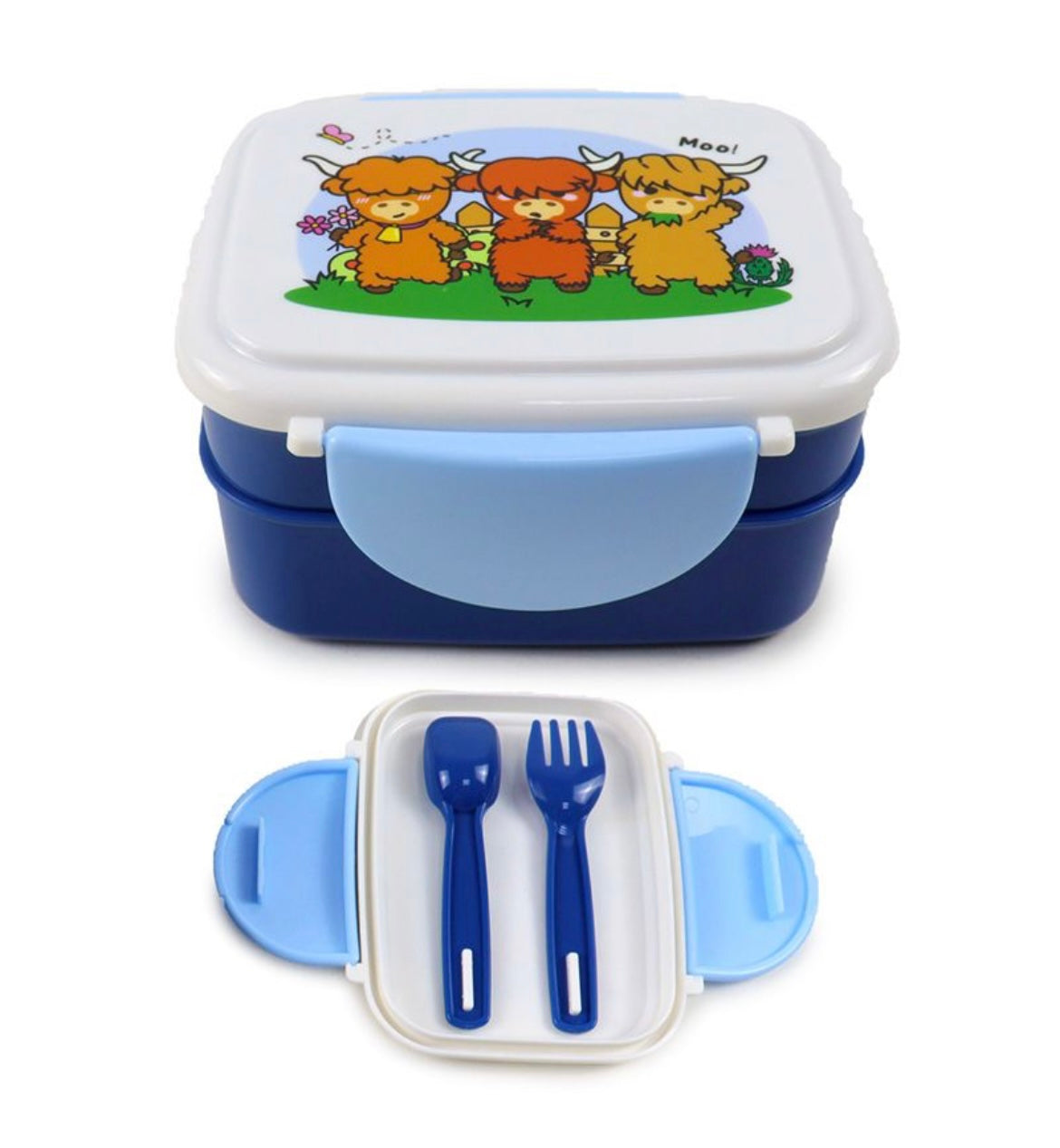 Adoramals Highland Coo Clip Lock Stacked Bento Lunch Box with Cutlery