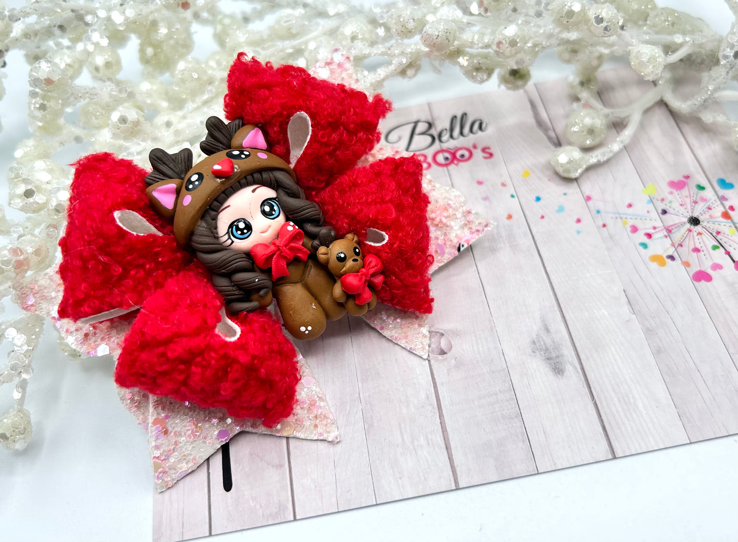 Christmas Teddy Curls Hair Bow - Reindeer - Handcrafted Clay