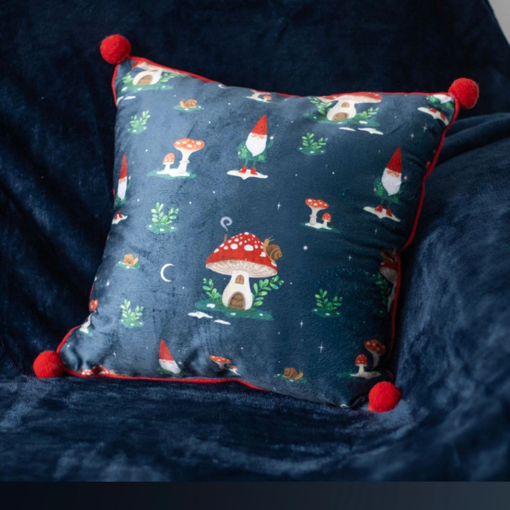 35cm Square Gnome Print Cushion with Pom Poms Cushions Blankets