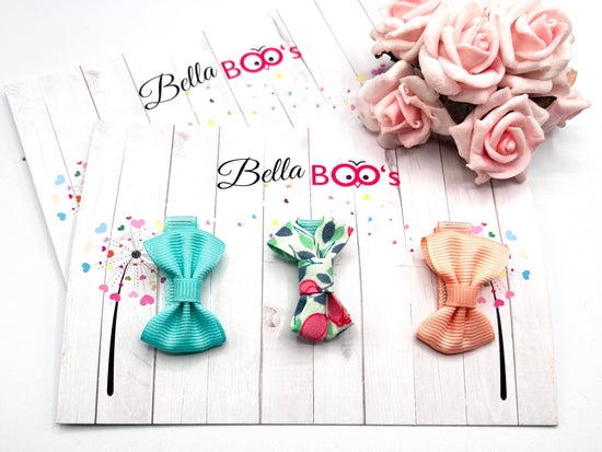 Green Floral - Small Hair Bow Clip Set