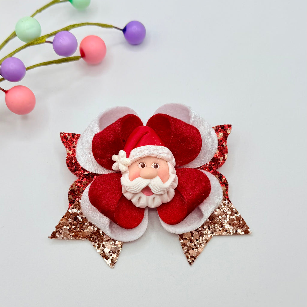 Christmas Santa Hair Bow - Hand Crafted Clay Hair Bows