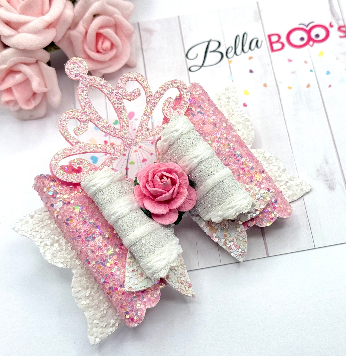 New Princess Tiara Hair Bow - Pink