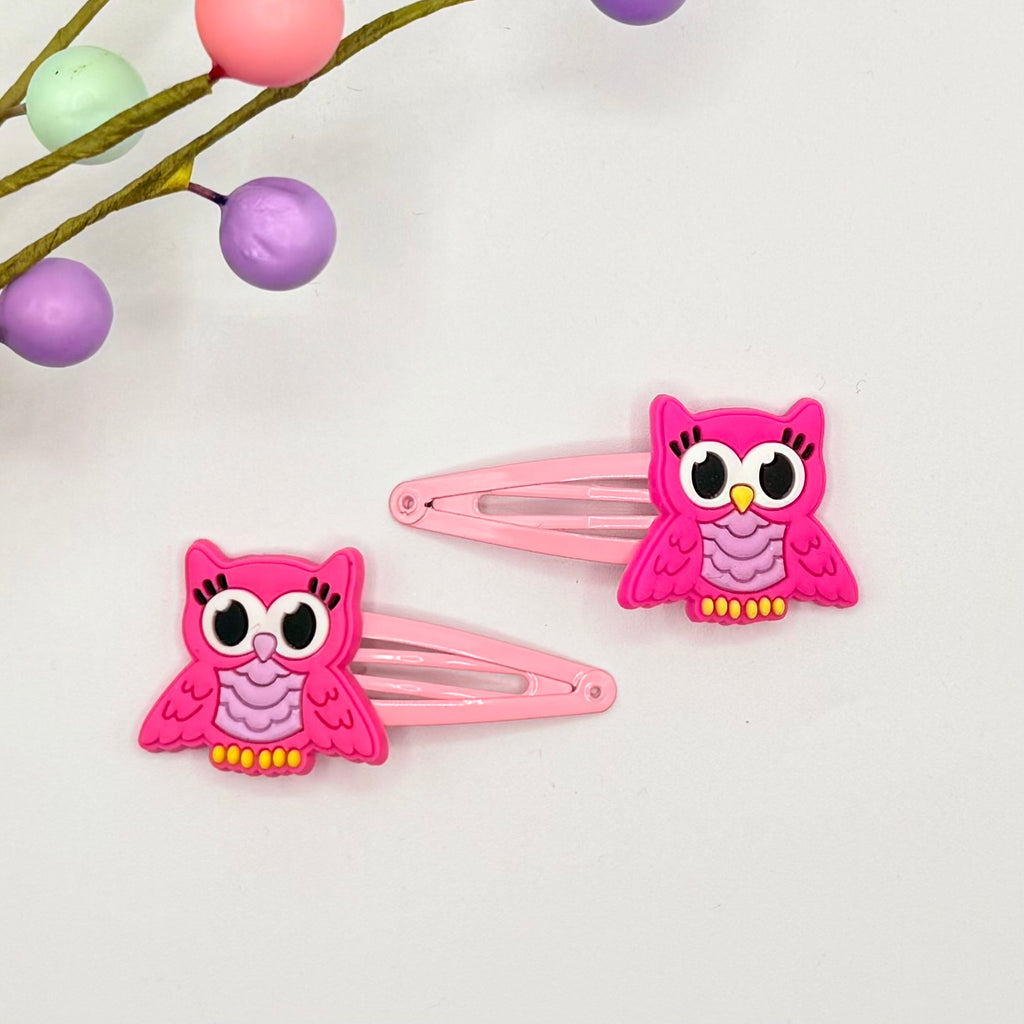 Owl Hair Clip Set - Bright Pink Hair Clips