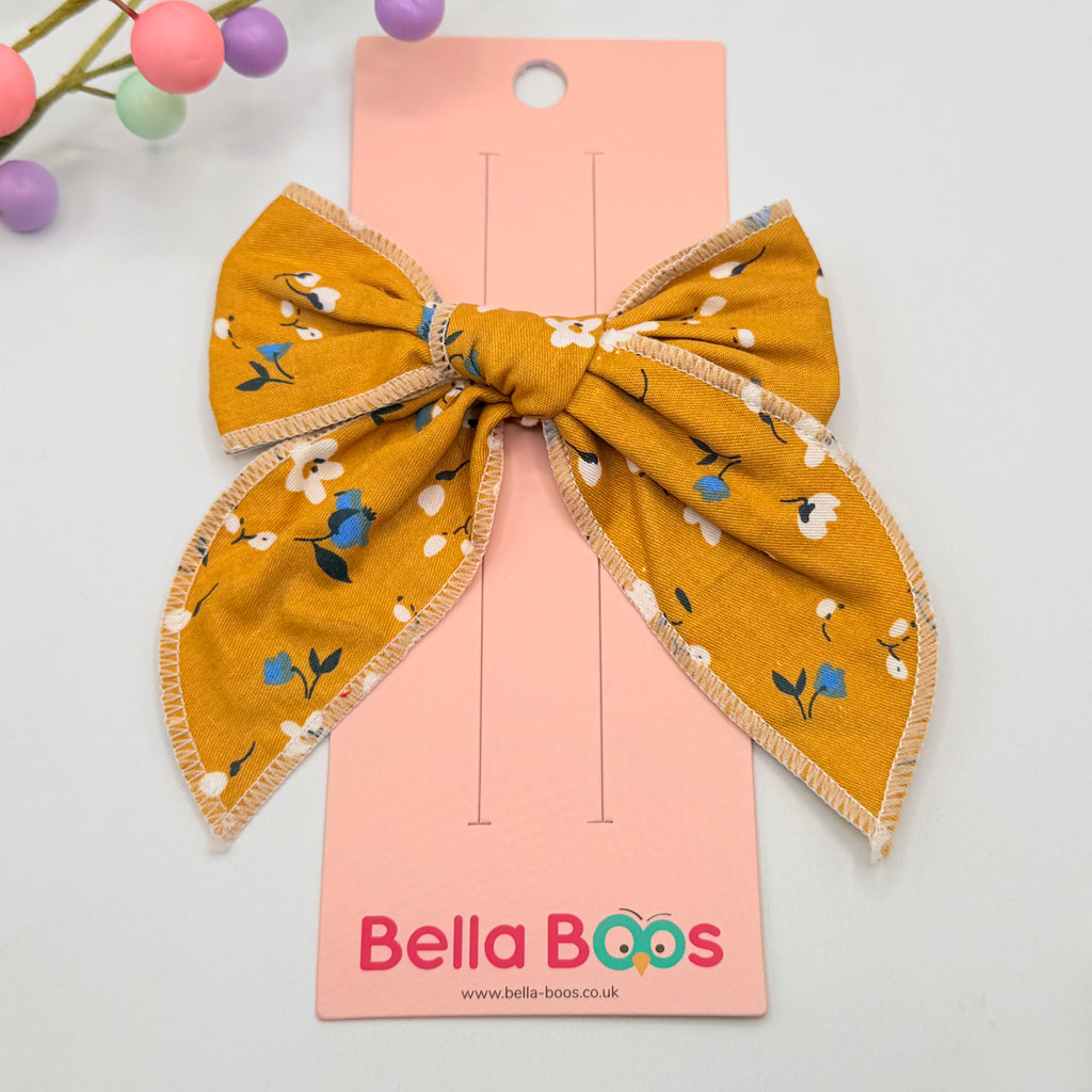Mustard Floral Fabric Drop Tail Hair Bow Hair Bows
