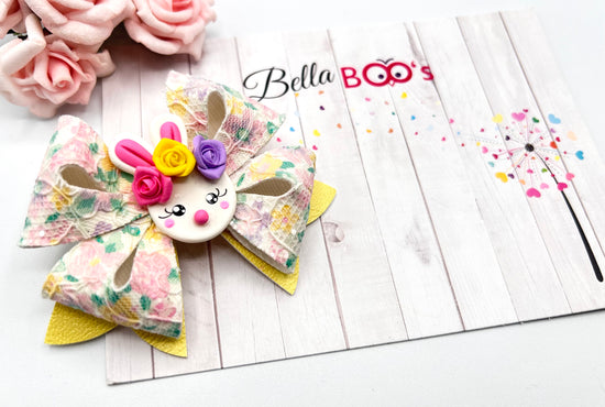 Easter Floral Bunny Hair Bow - Handcrafted Clay