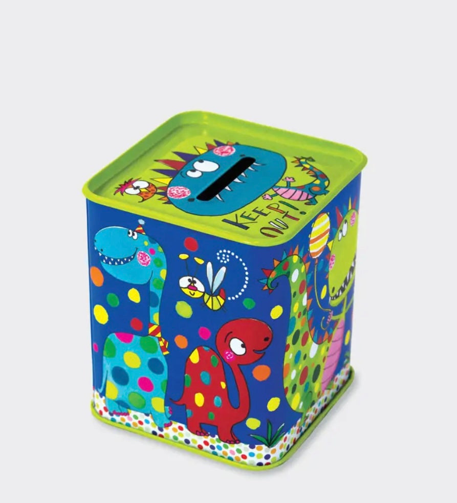 Money Box Tin - Dark Blue Dinosaurs