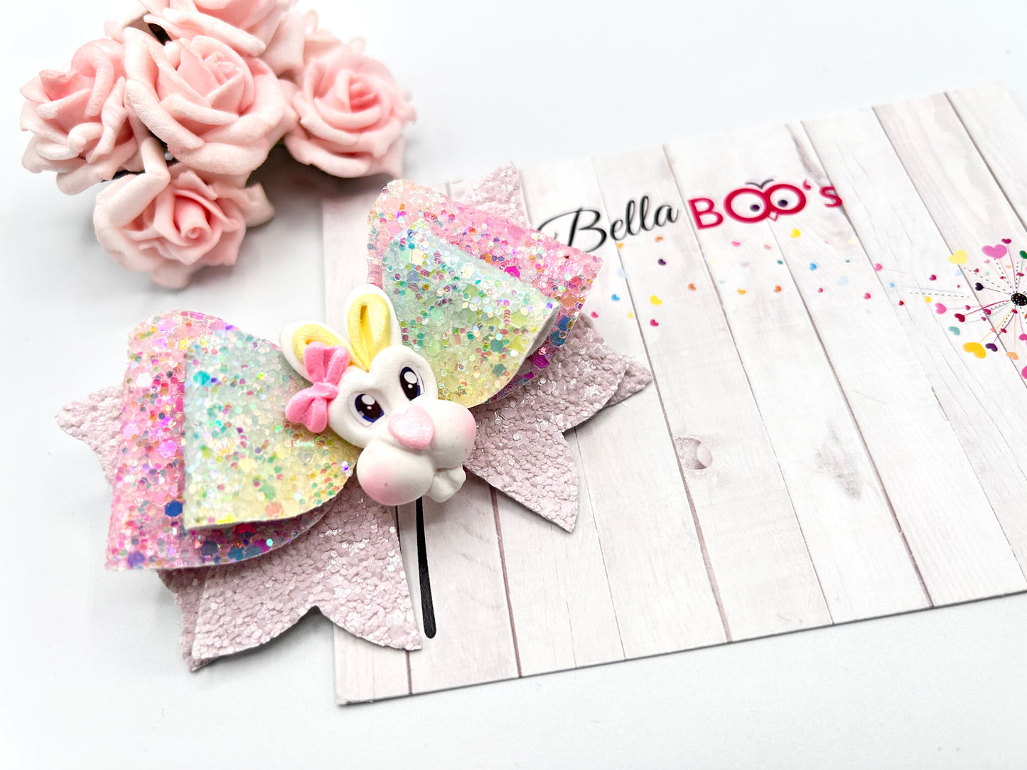 Easter Bunny Sparkle Hair Bow - Handcrafted Clay