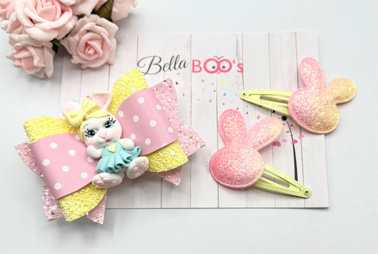 Sparkles The Bunny Hair Bow & Clip Set