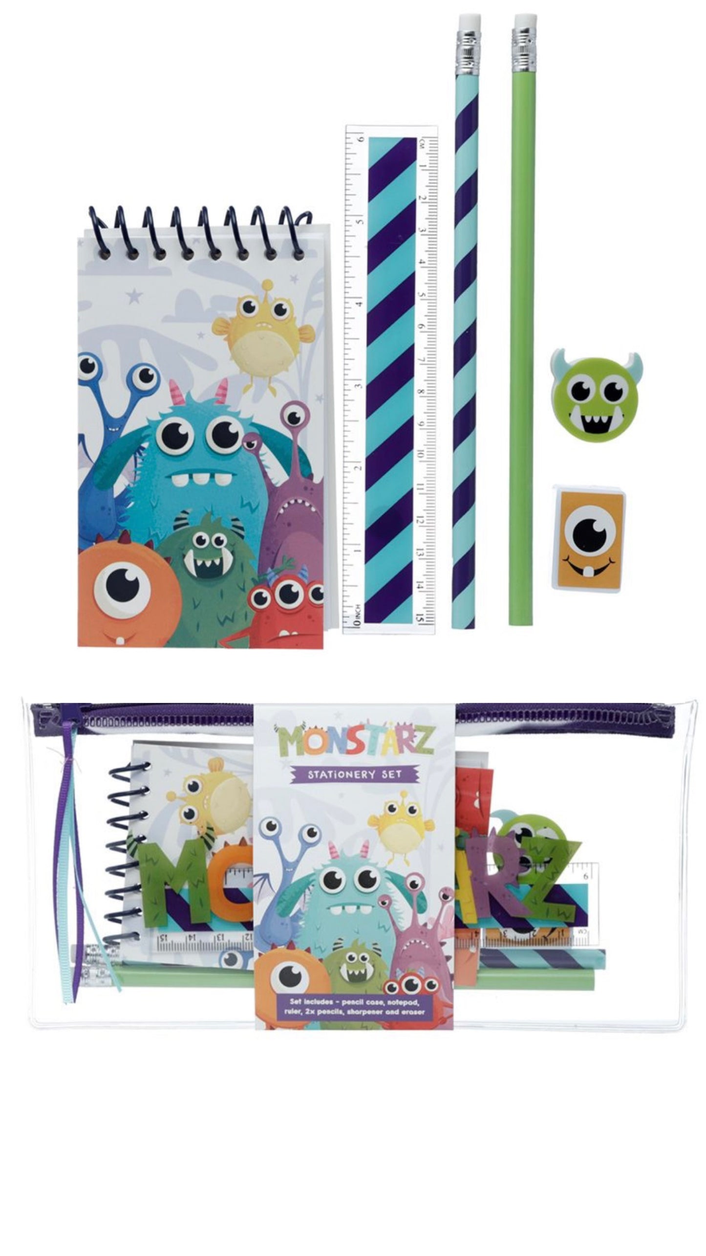 Monstarz Monster 7 Piece Clear Pencil Case Stationery Set