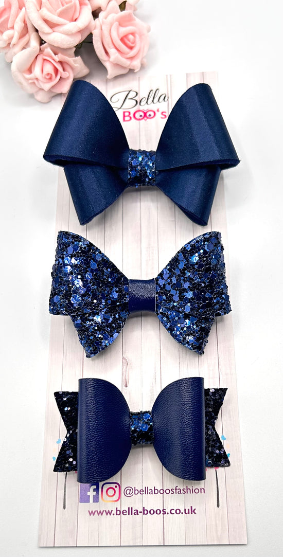 Navy Hair Bow Trio