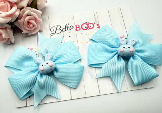 Blue Bunny Ribbon Hair Bow Set