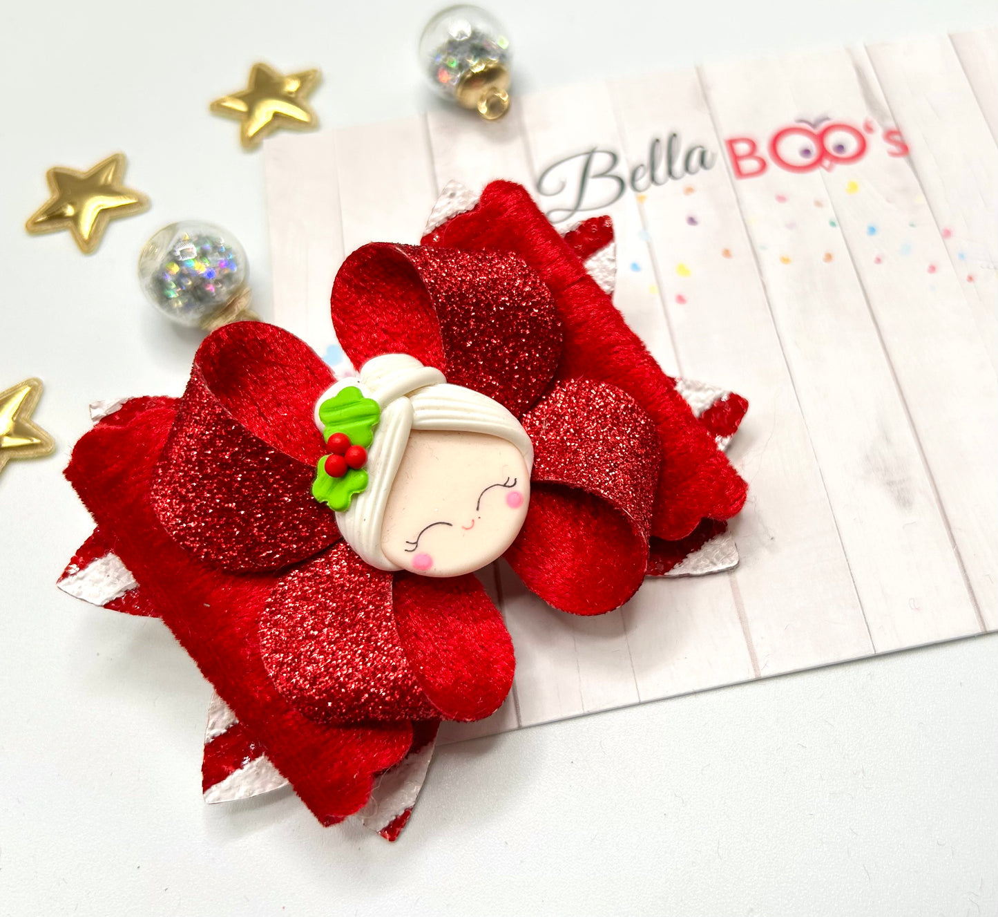 Christmas Mrs Claus Hair Bow - Handcrafted Clay