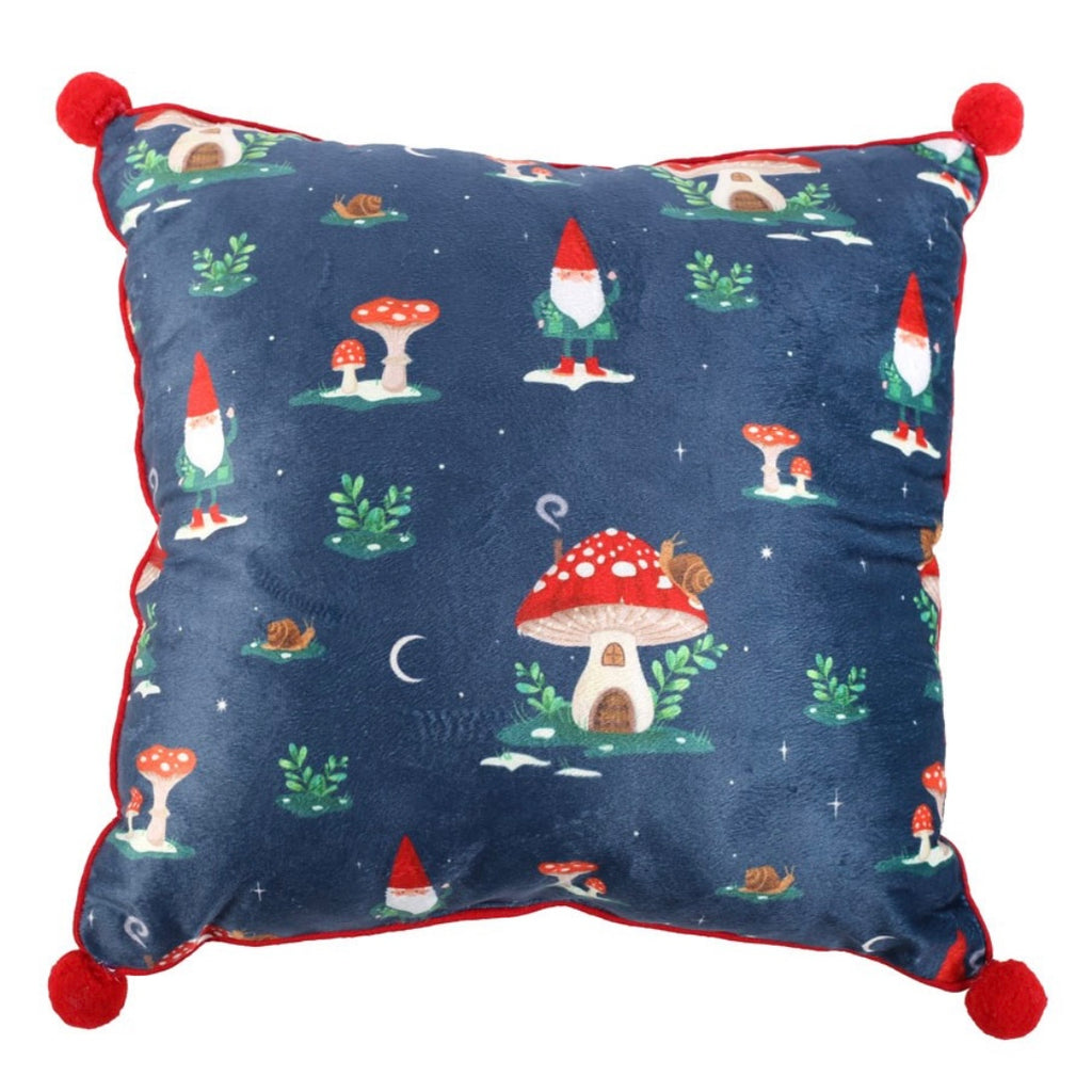 35cm Square Gnome Print Cushion with Pom Poms Cushions Blankets
