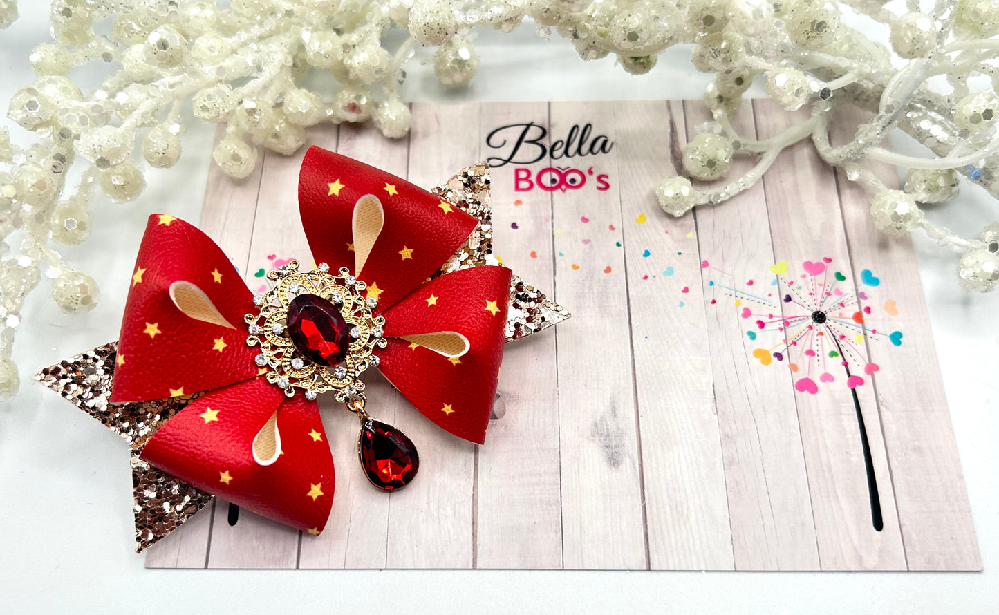 Red & Gold Droplet Gem Hair Bow
