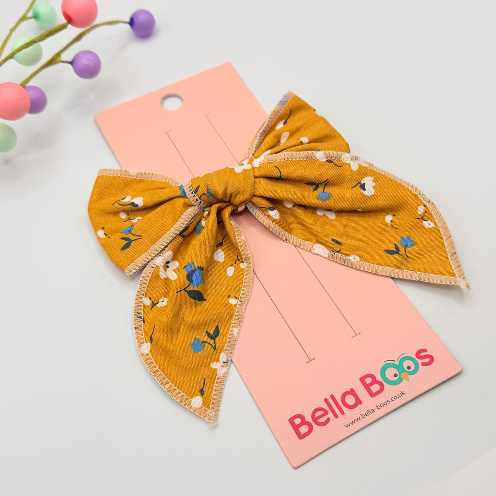 Mustard Floral Fabric Drop Tail Hair Bow Hair Bows