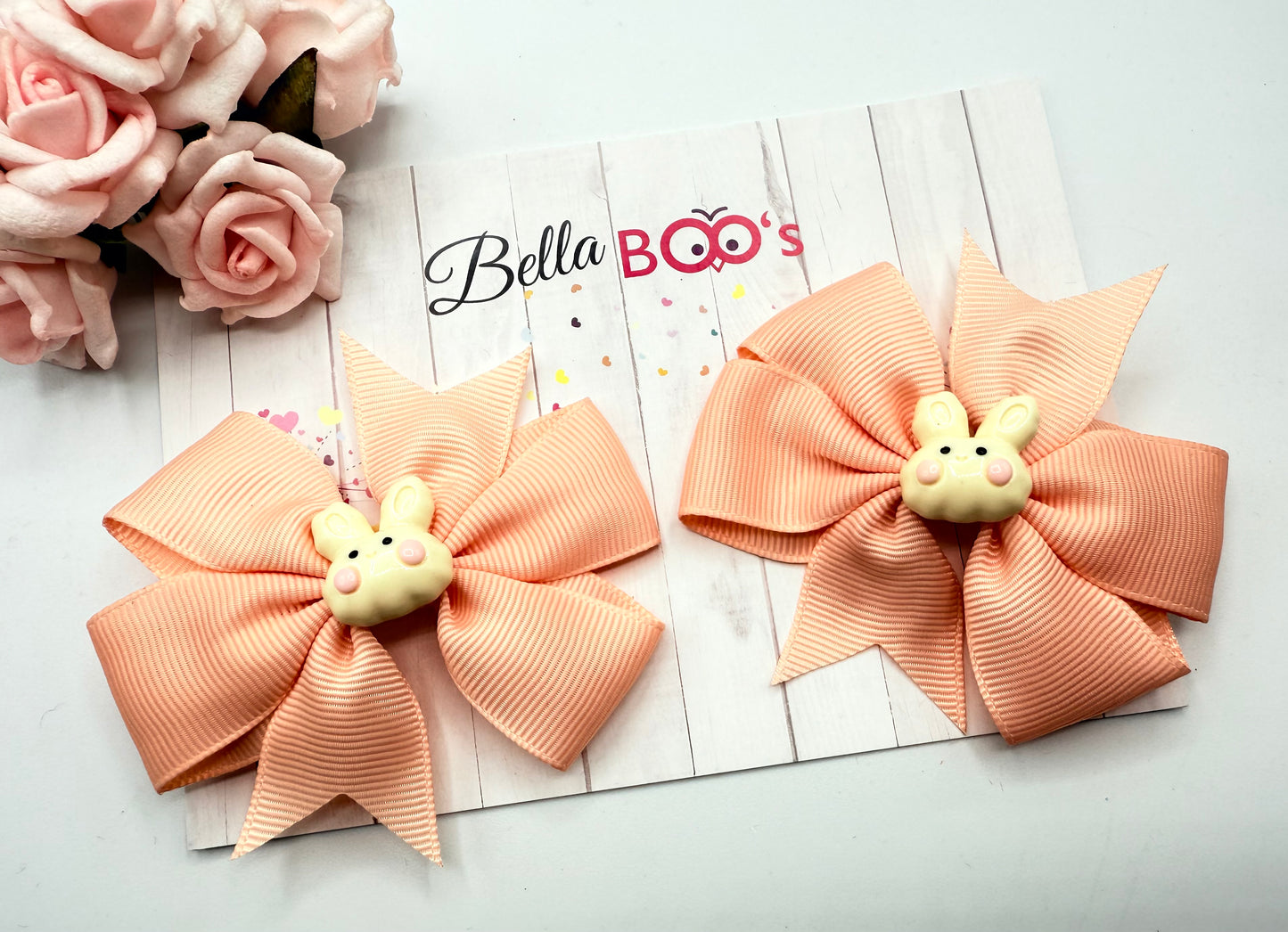 Peach & Cream Bunny Ribbon Hair Bow Set