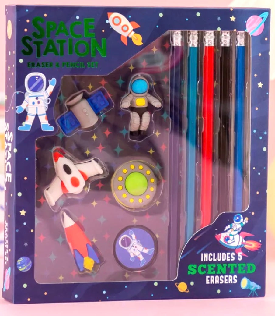 Load image into Gallery viewer, Space Station Pencil &amp;amp; Scented Eraser Gift Set
