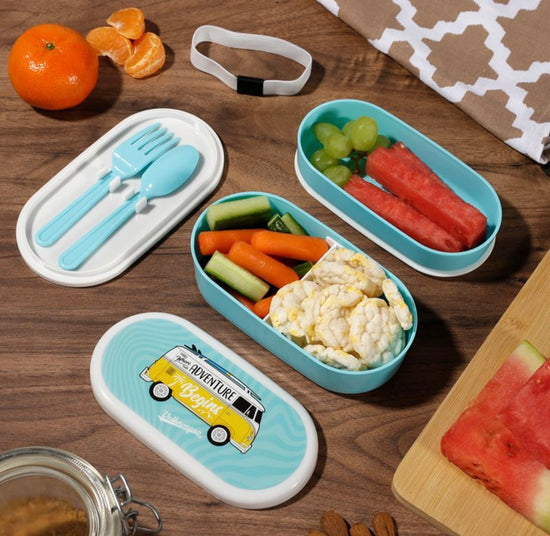 VW Camper Stacked Bento Lunch Bow With Cutlery - Blue