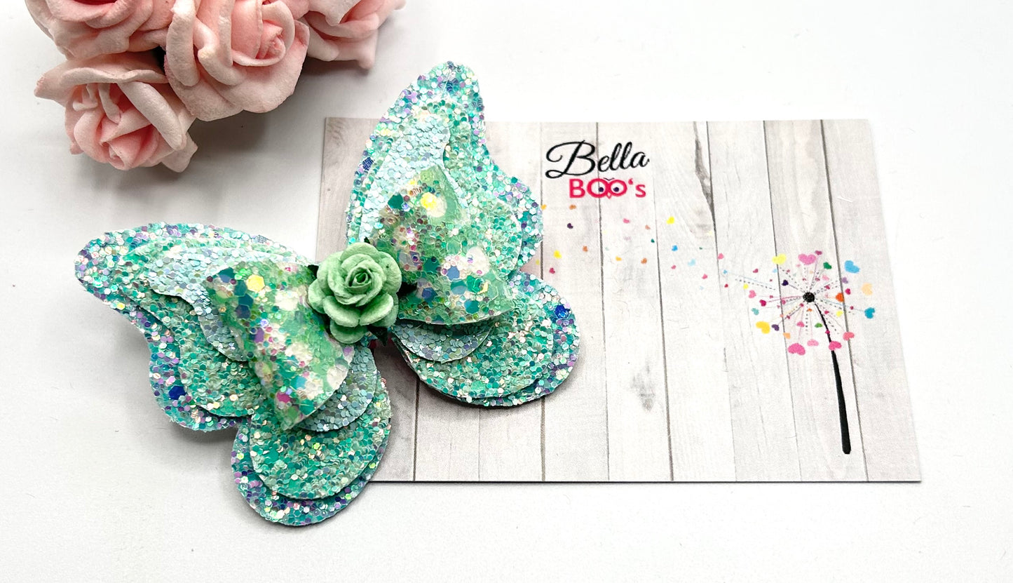 Load image into Gallery viewer, Mint Sparkle Butterfly Hair Bow Clip
