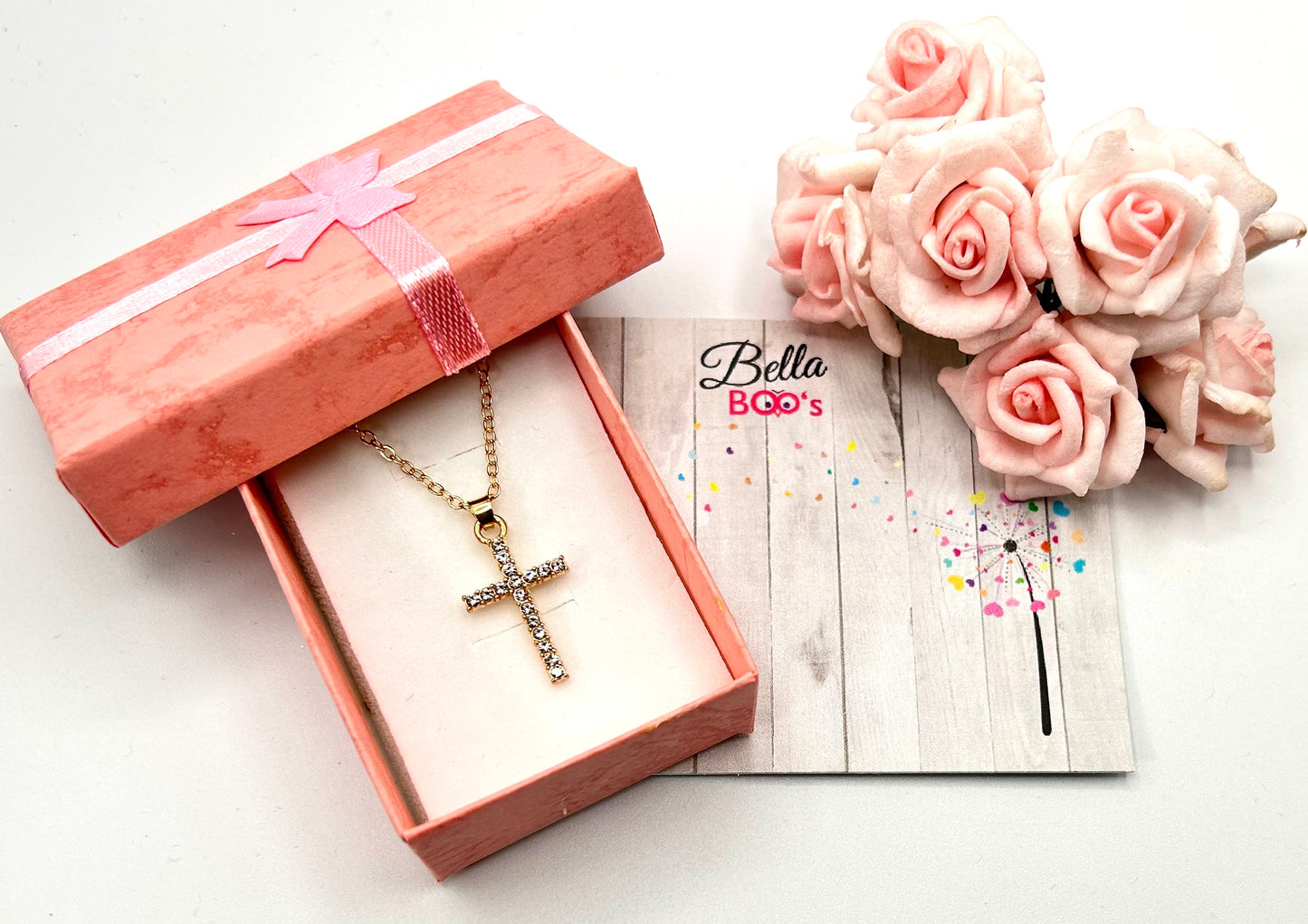 Gold Sparkly Cross Necklace & Gift Box