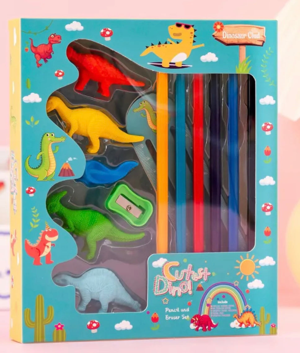 Load image into Gallery viewer, Cutest Dino Pencil &amp;amp; Eraser Gift Set

