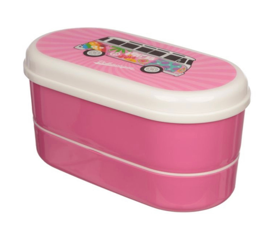 VW Camper Stacked Bento Lunch Bow With Cutlery - Pink