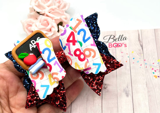 Load image into Gallery viewer, Chalk Board &amp;amp; Numbers Hair Bow - Handcrafted Clay
