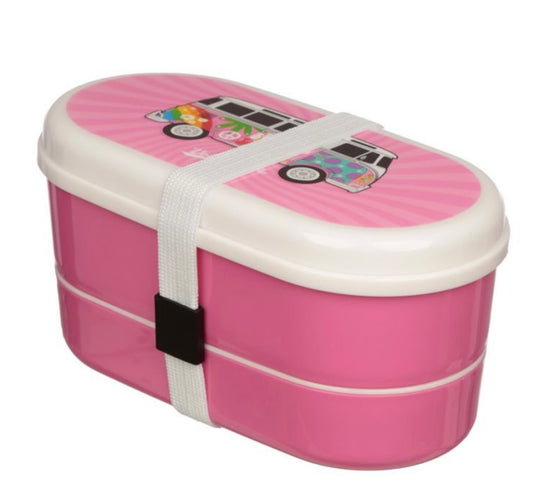 Load image into Gallery viewer, VW Camper Stacked Bento Lunch Bow With Cutlery - Pink
