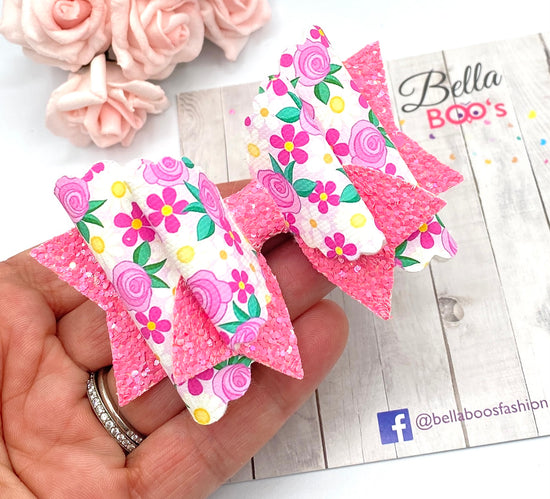 Pink Sparkly Floral Hair Bow