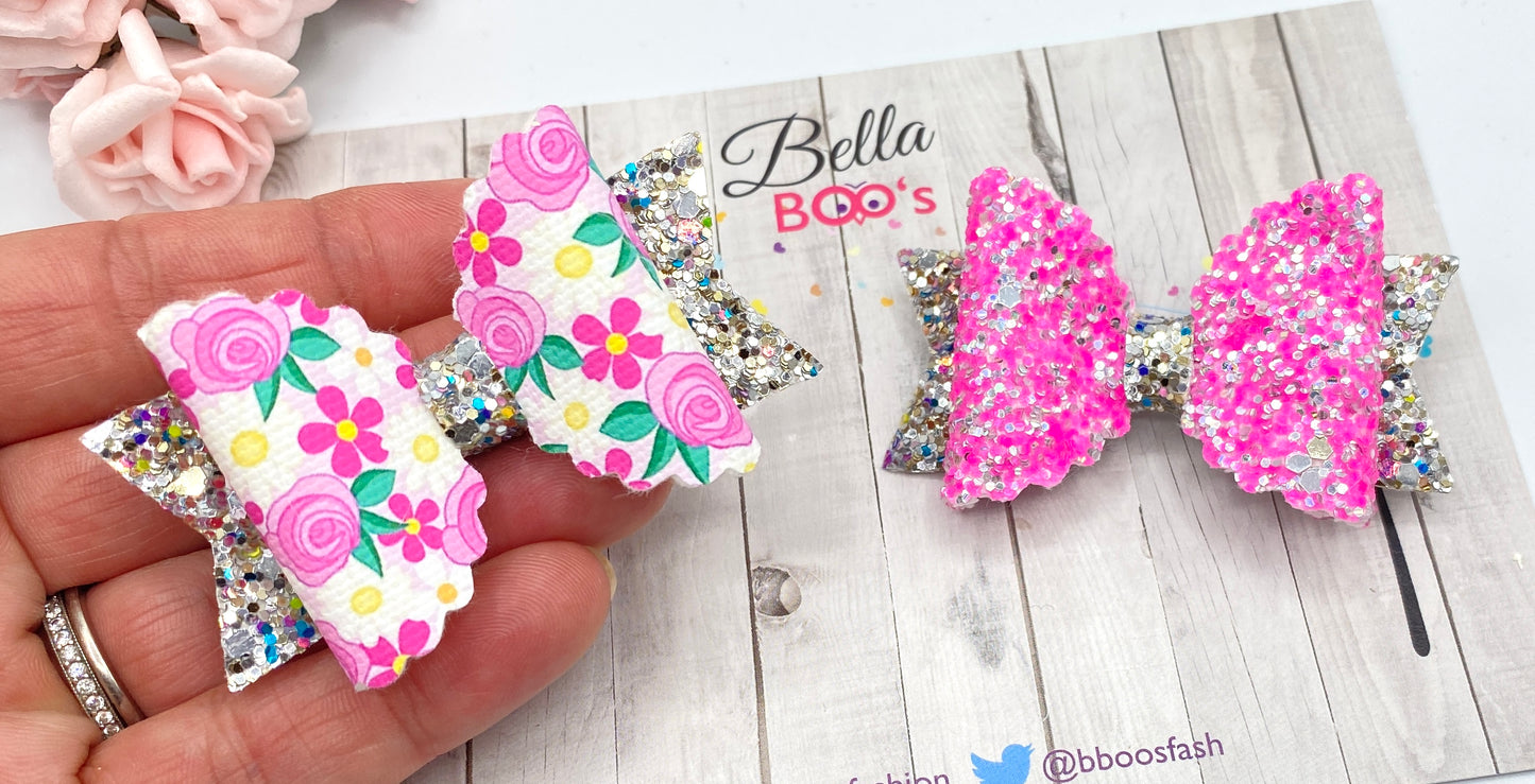 Load image into Gallery viewer, Bella Hair Bow Set - Sparkly Pink Floral
