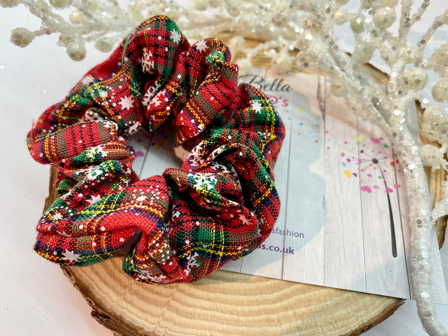 Christmas Hair Scrunchie - Tartan Snow Flakes