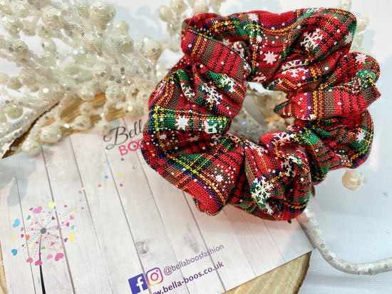 Christmas Hair Scrunchie - Tartan Snow Flakes