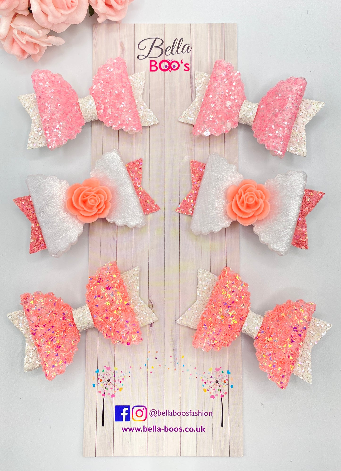 Load image into Gallery viewer, Peachy Pink Rose Pigtail Hair Bow Set
