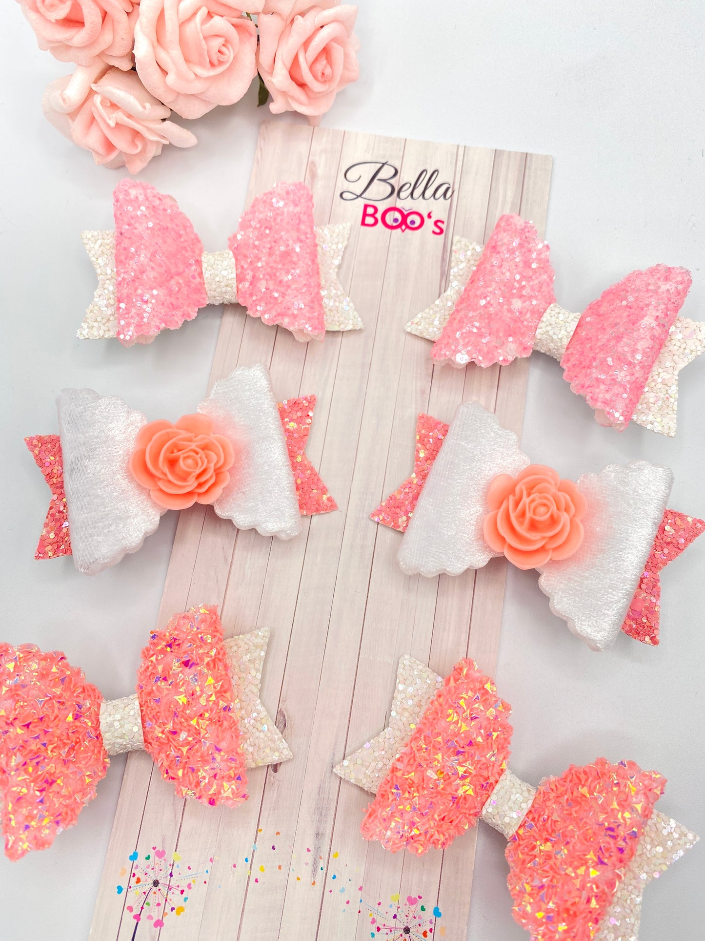 Load image into Gallery viewer, Peachy Pink Rose Pigtail Hair Bow Set
