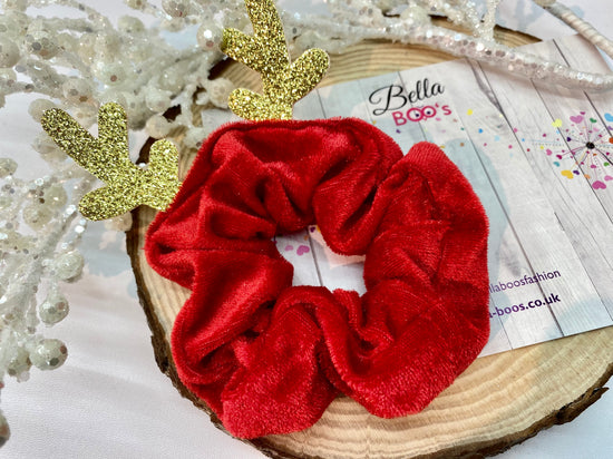 Christmas Hair Scrunchie - Red & Gold Xmas Antler