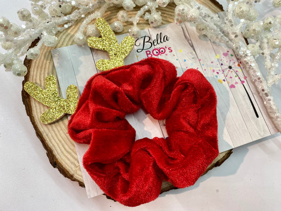 Christmas Hair Scrunchie - Red & Gold Xmas Antler