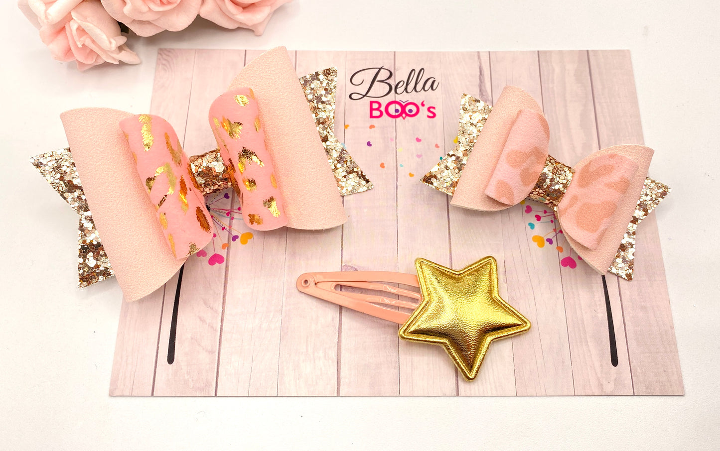 Load image into Gallery viewer, Baby Pink &amp;amp; Gold Leopard Hair Bow &amp;amp; Clip Set
