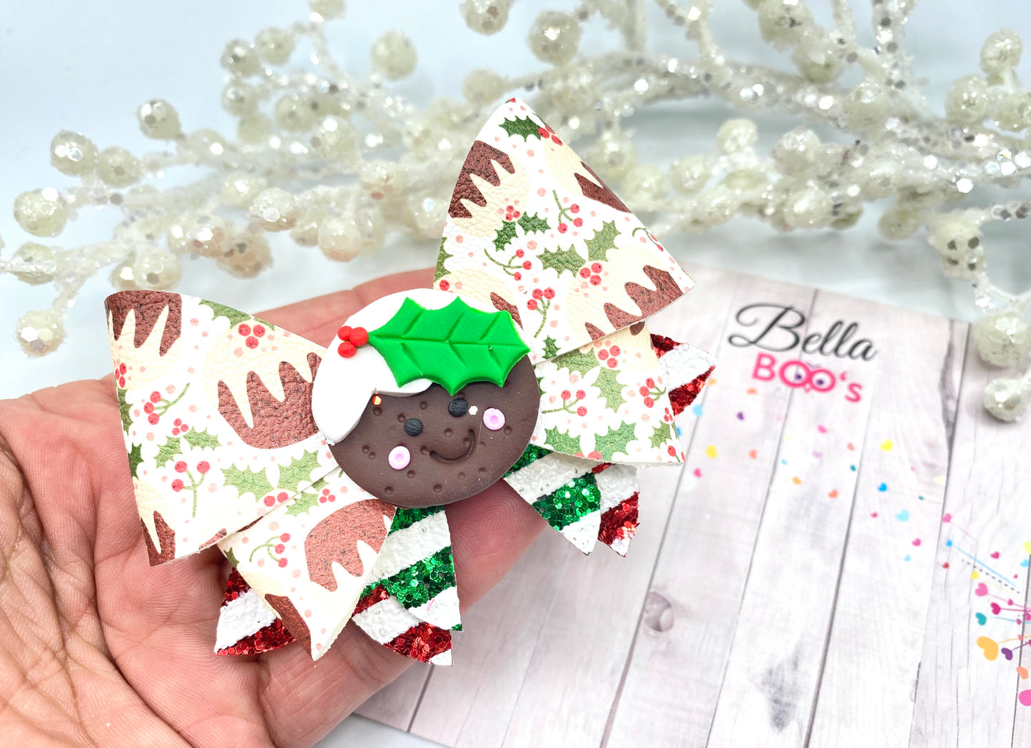 Christmas Pud Hair Bow - Handcrafted Clay