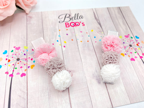 Load image into Gallery viewer, Tulle Pom Pom Clip Set - Pink, Grey &amp;amp; White
