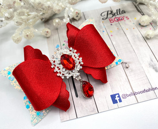 Load image into Gallery viewer, Red &amp;amp; Silver Drop Gem Hair Bow
