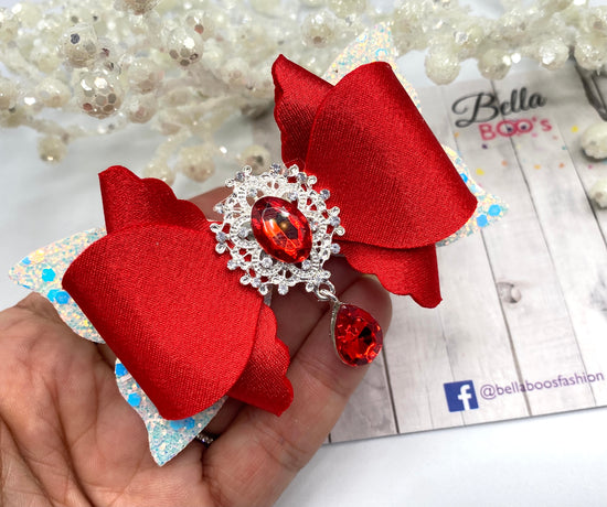 Load image into Gallery viewer, Red &amp;amp; Silver Drop Gem Hair Bow
