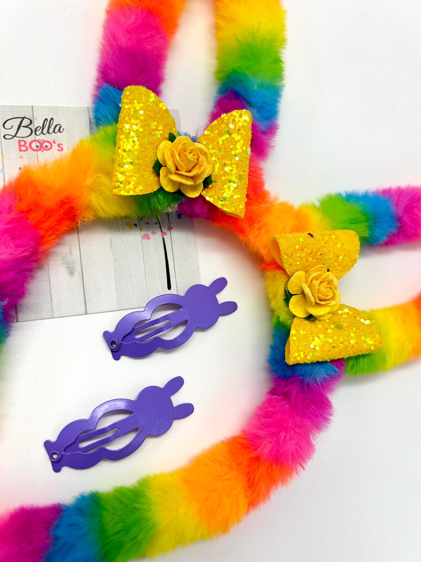 Rainbow Fluffy Bunny Ears & Clip Set