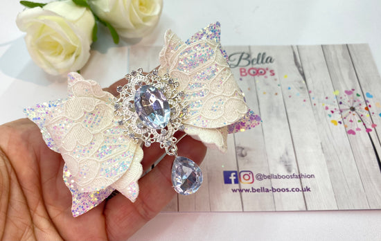 Load image into Gallery viewer, Lace Sparkle Droplet Gem Hair Bow
