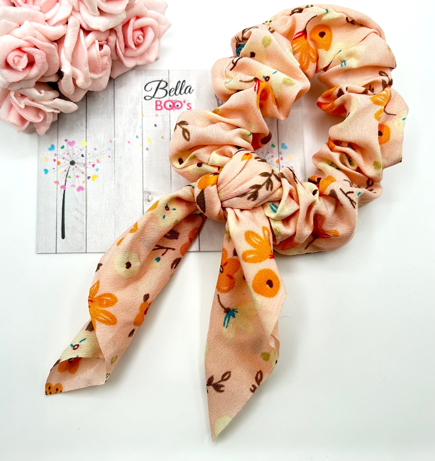 Load image into Gallery viewer, Peachy Pink Floral Tails Hair Scrunchie
